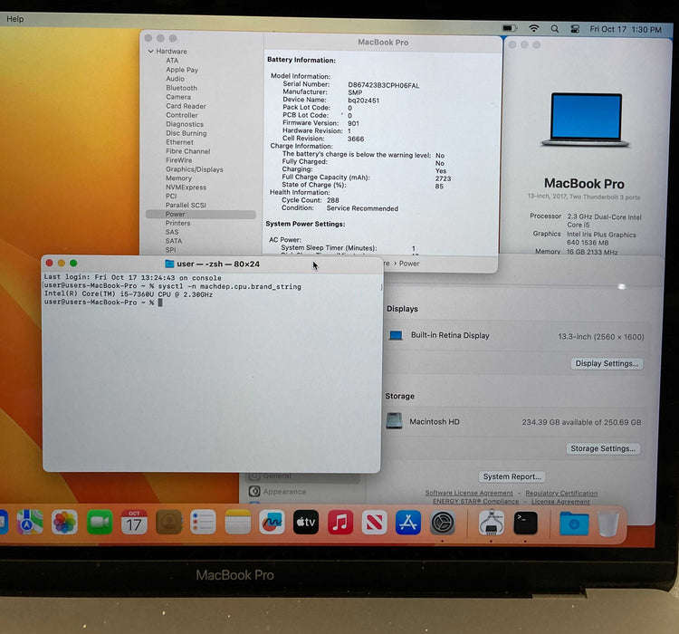 Apple MacBook Pro 13" 2017 i5-7360U 16GB 256SSD Battery Service Recommended