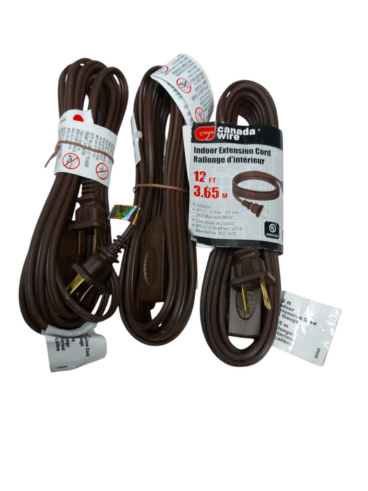 Lot 3x Canada Wire 3-Outlet Indoor Extension Cord – Brown, 12 ft P/N 89008