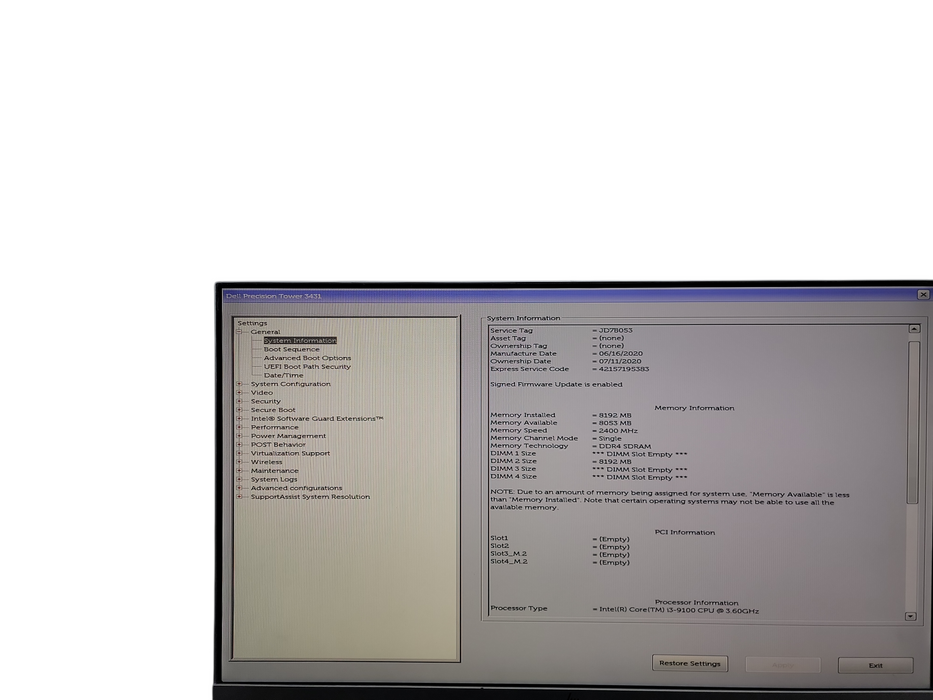 Dell Precision Tower 3431 i3 - 9100 @ 3.60GHz 8GB DDR4 Ram θ