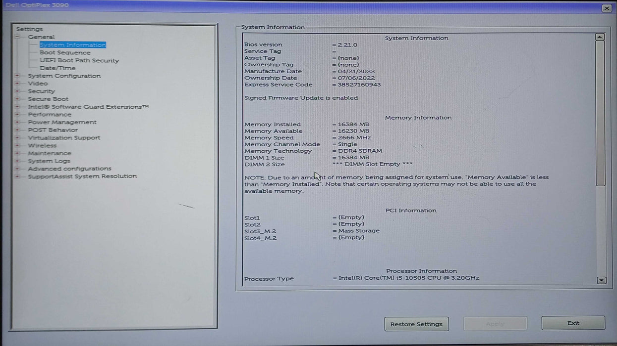 DELL OptiPlex 3090 SFF, i5-10505 3.20GHz, 16GB DDR4, 256GB NVMe