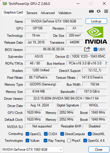 ASUS ROG Strix GeForce GTX 1060 6GB GDDR5 Graphics Card *Read*