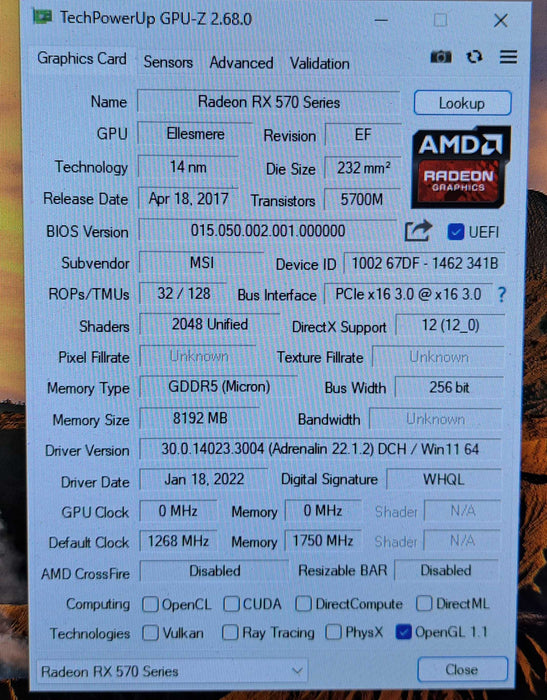 MSI AMD Radeon RX 570 Armor 8GB GDDR5 Graphics Card *1x BAD FAN* )