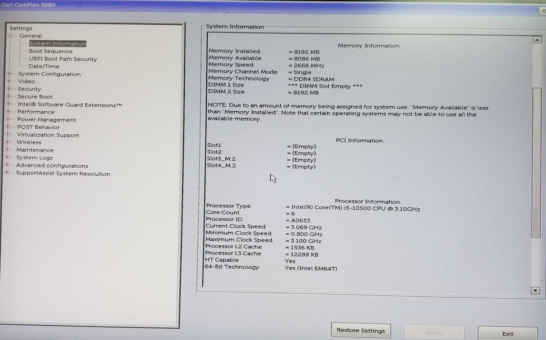 Dell OptiPlex 3080 SFF Intel i5-10500 CPU 3.10GHz 8GB RAM N0 HDD