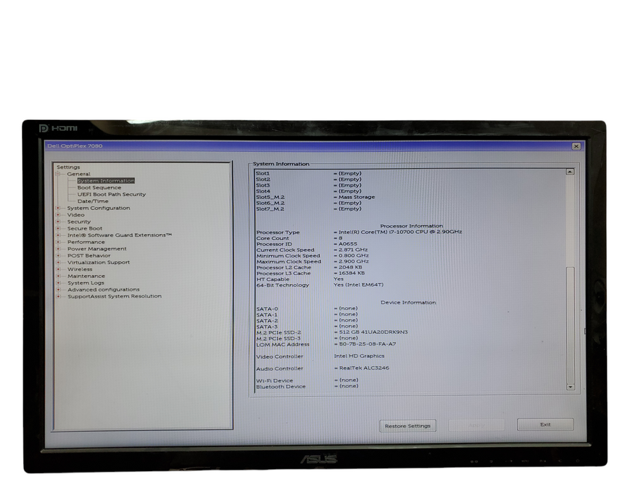 Dell Optiplex 7080 Tower, i7-10700@2.90GHz, 8GB DDR4, 256GB NVMe, No OS