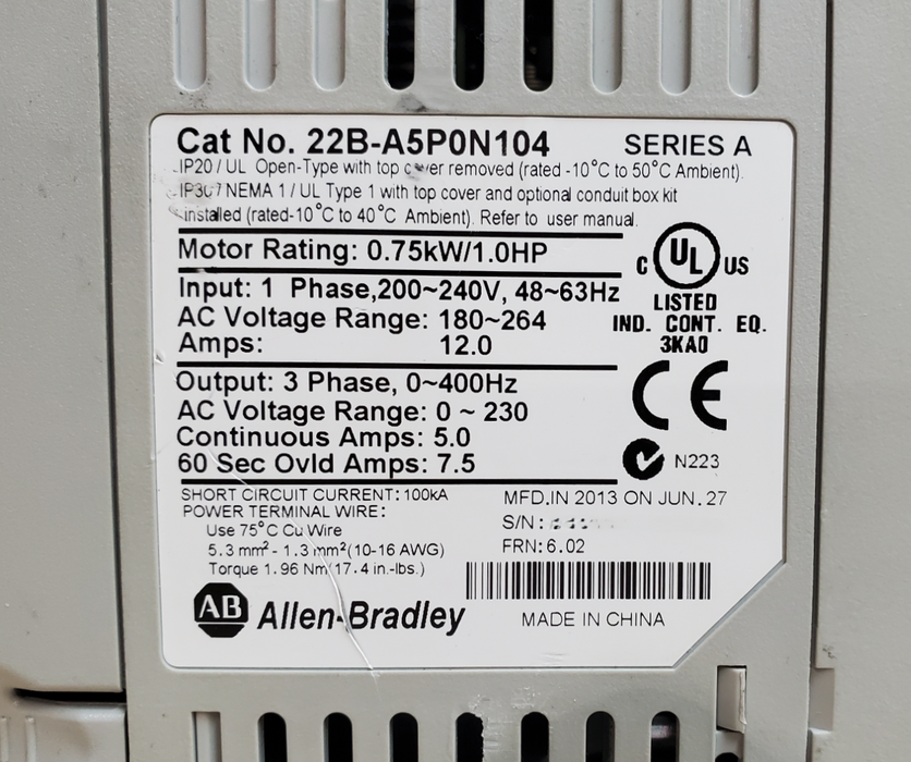 Allen-Bradley 22B-A5P0N104 Ser. A PowerFlex 40 - 0.75kW/1.0HP *READ*