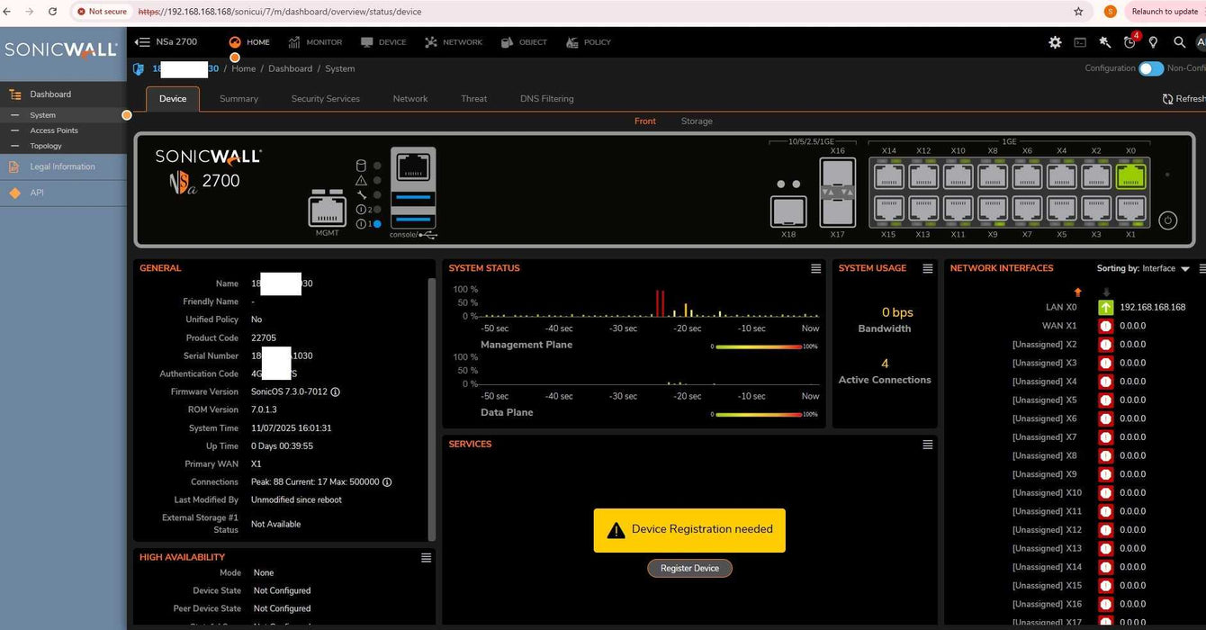 SonicWall NSA 2700 16-Port Network Security/Firewall Appliance 1RK51-109 _