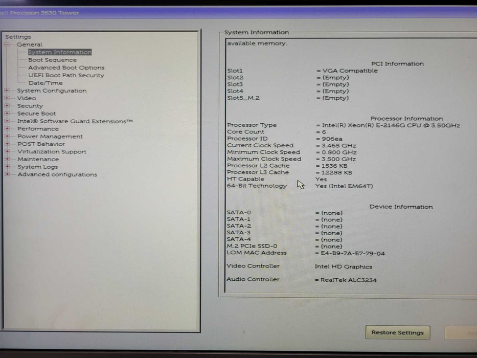 Dell Precision 3630 Xeon E-2146G 3.5GHz, 32GB DDR4, NO HDD _