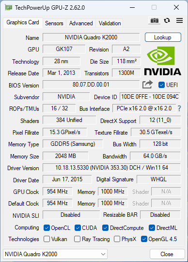 NVIDIA Quadro K2000 | 2GB GDDR5 GPU | 1x DVI 2x Display Port Q