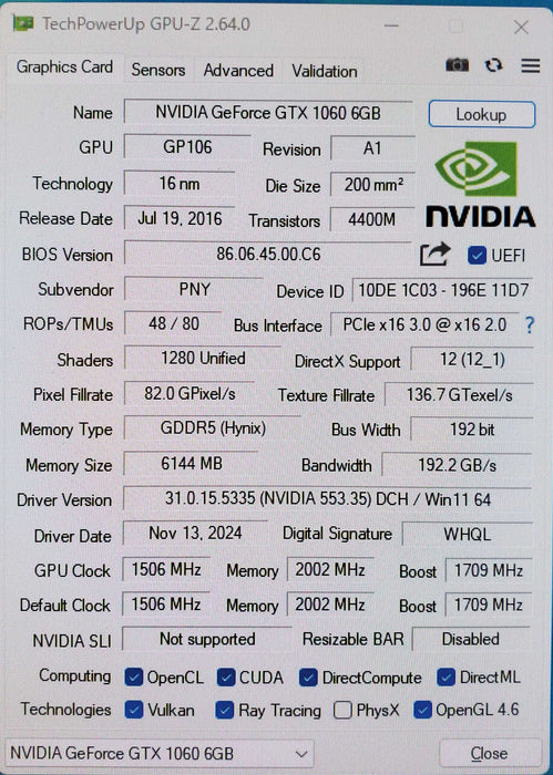 PNY GeForce GTX 1060 6GB GDDR5 Graphics Card