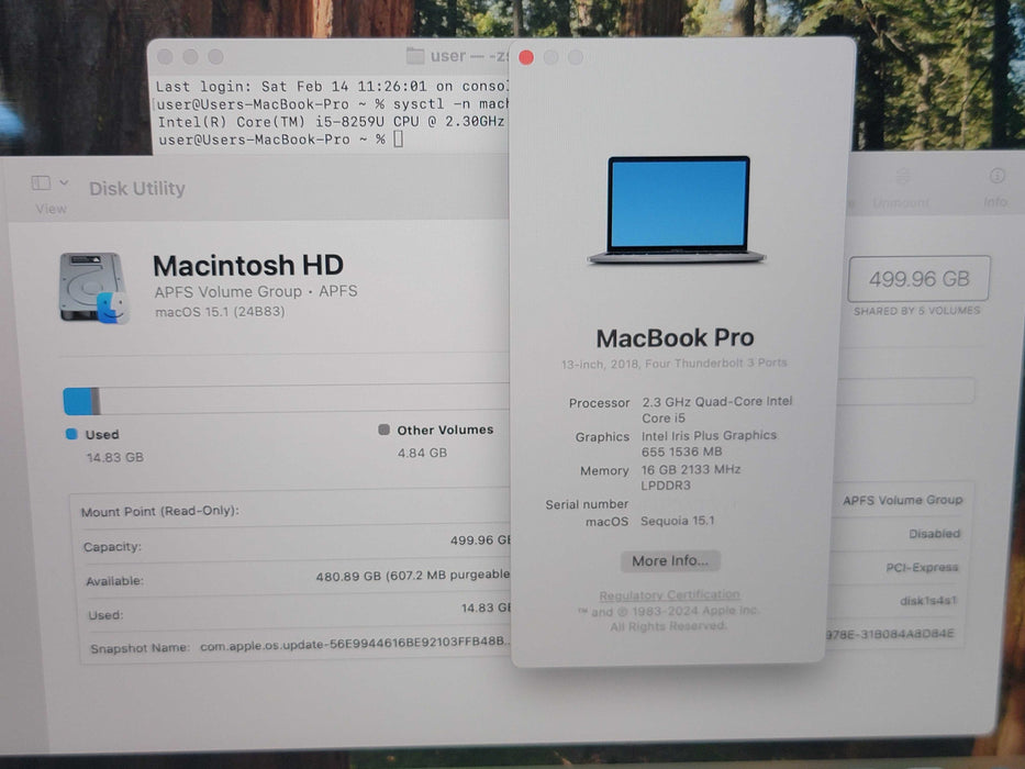 Apple Macbook Pro 2018 13" 4-Core i5-8259U @ 2.3GHz 16GB DDR3 500GB SSD (