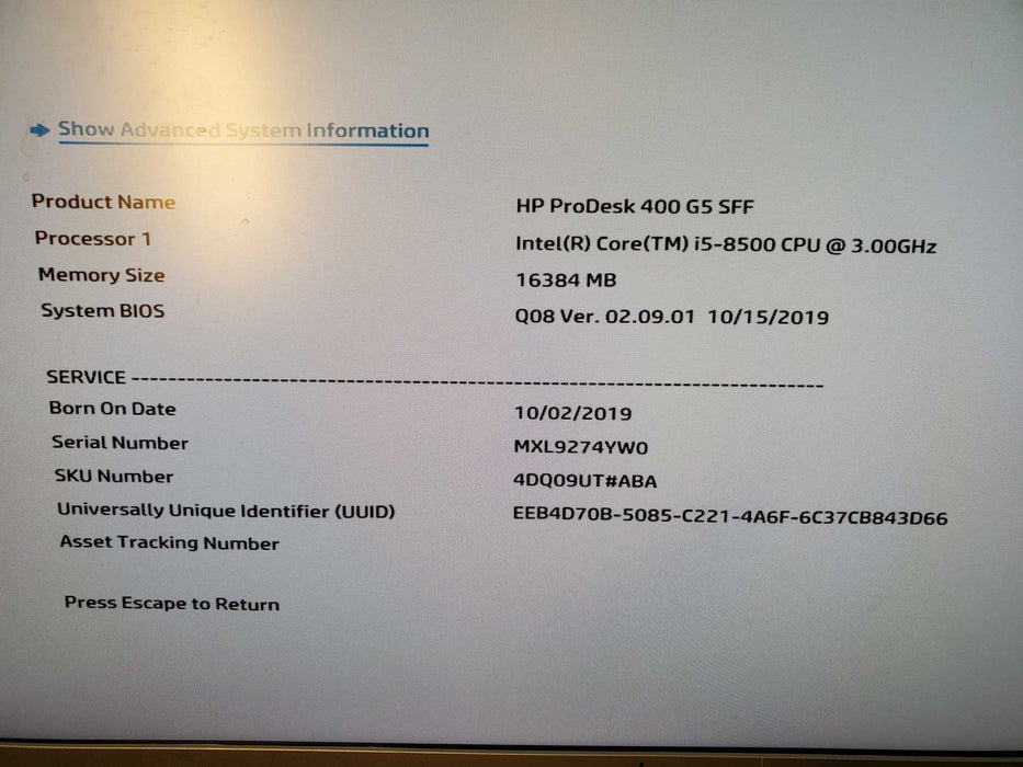 HP ProDesk 400 G5 SFF i5-8500 3.0GHz 16GB DDR4 RAM, 256 SSD