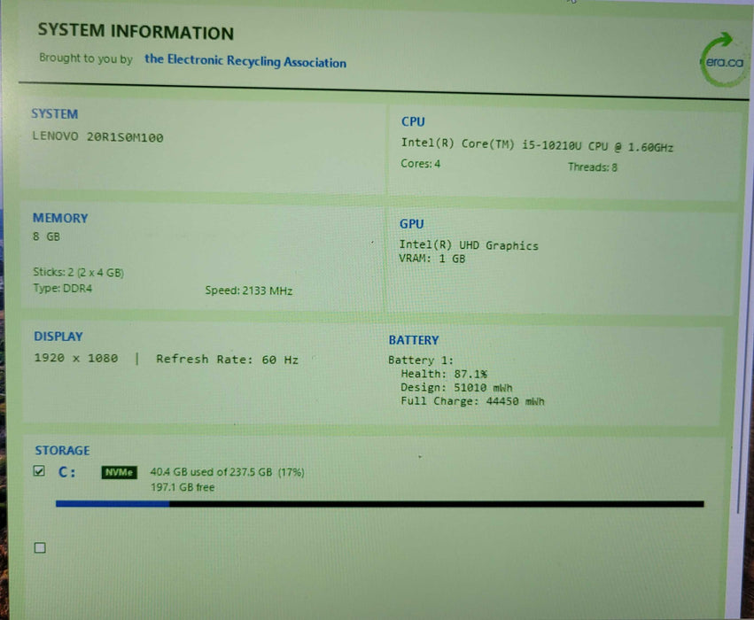 ThinkPad X1 Gen 7 i5-10210U @1.60GHz 8GB DDR4 256 SSD  Lap200