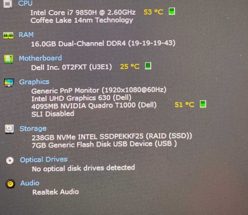 Dell Precision 7540 i7-9850H@2.60Gz QUADRO T1000 4GB GPU 16GB RAM 256GB SSD  Lap200