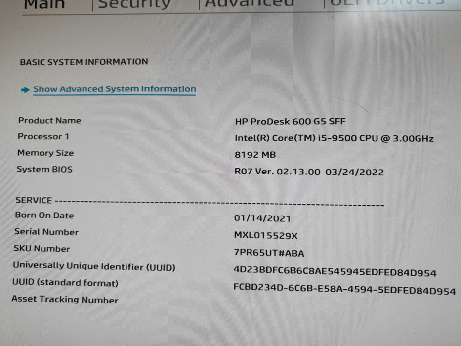 HP ProDesk 600 G5 SFF i5-9500 @ 3.00GHz 8GB RAM - No HDD Q