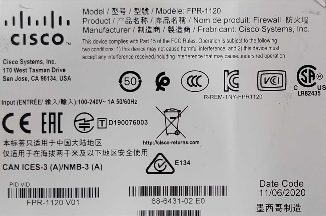 Cisco Firepower FPR-1120 Security Firewall Device w/ FPR1K-SSD200 _