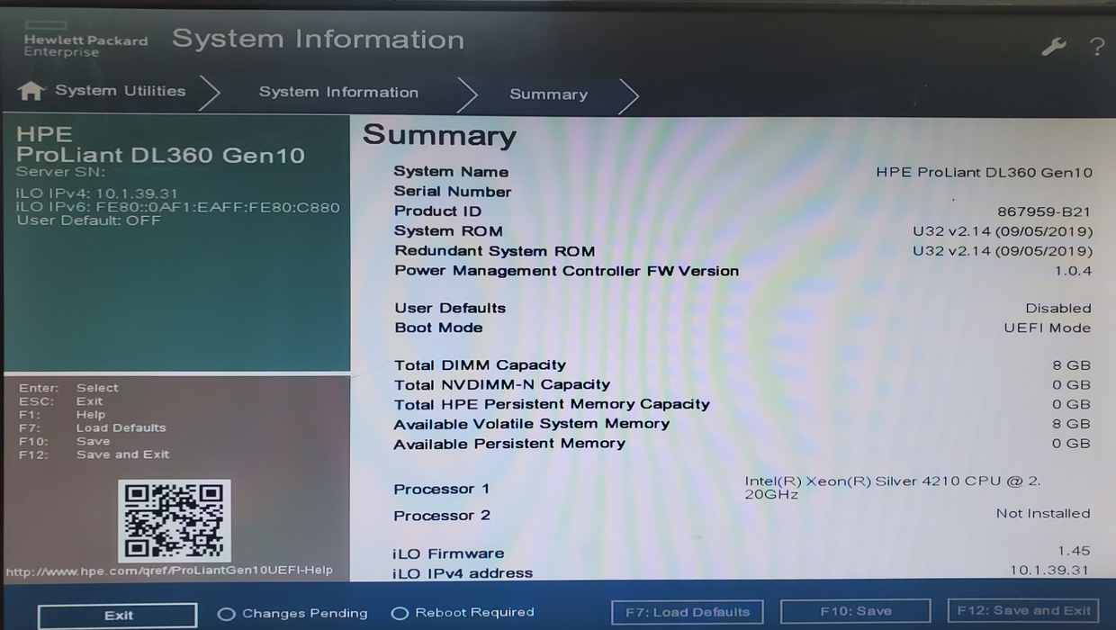 HP ProLiant DL360 - Xeon Silver 4210, 8GB DDR4, P408i-a SR - No HDD Q