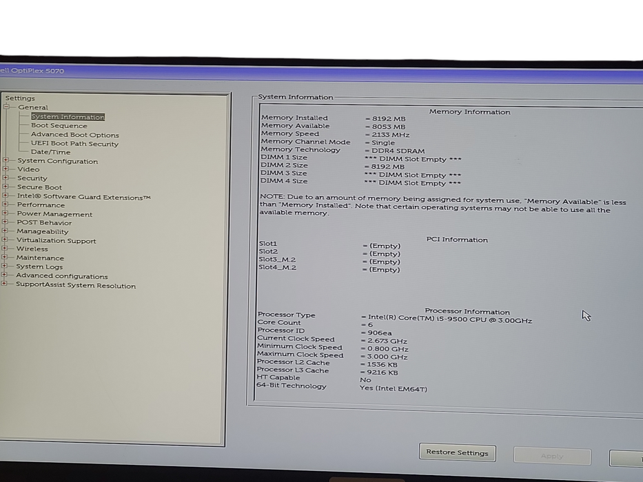 DELL OptiPlex 5070 SFF PC Intel Core i5-9500@3.00GHz, 8GB RAM NO HDD Q