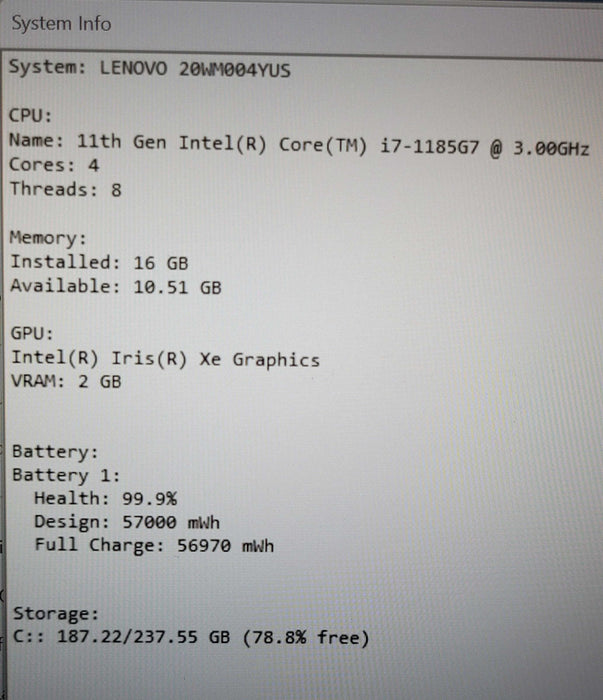 Lenovo ThinkPad T14s Gen 2 i7-1185G7 16GB DDR4 256GB NVMe read  β Lap200