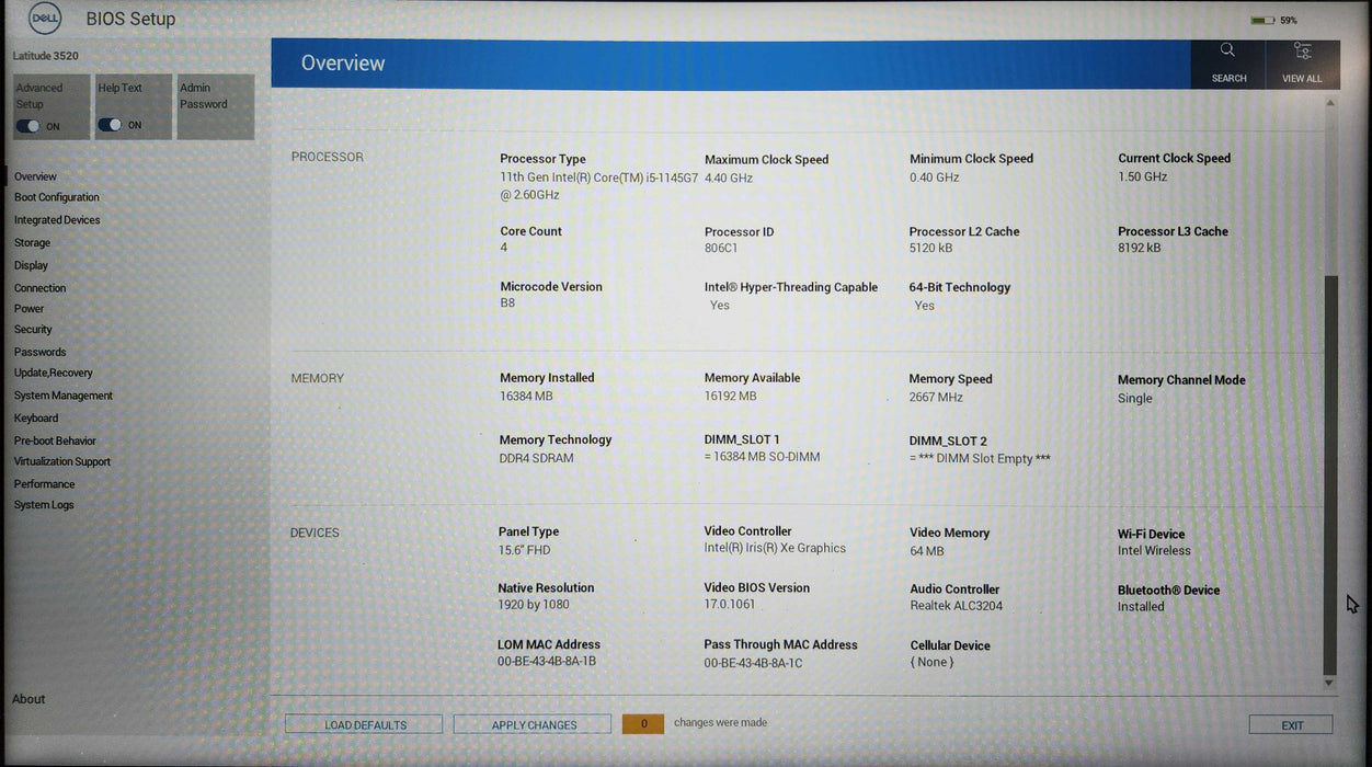 Dell Latitude 3520, i5-1145G7 2.60GHz, 16GB DDR4, 256GB NVMe, No AC  Lap200