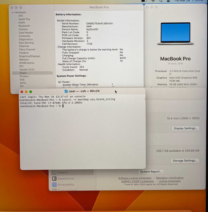 Apple MacBook Pro 15" 2018 i7-8750H Radeon Pro 555X 16GB RAM 256GB SSD