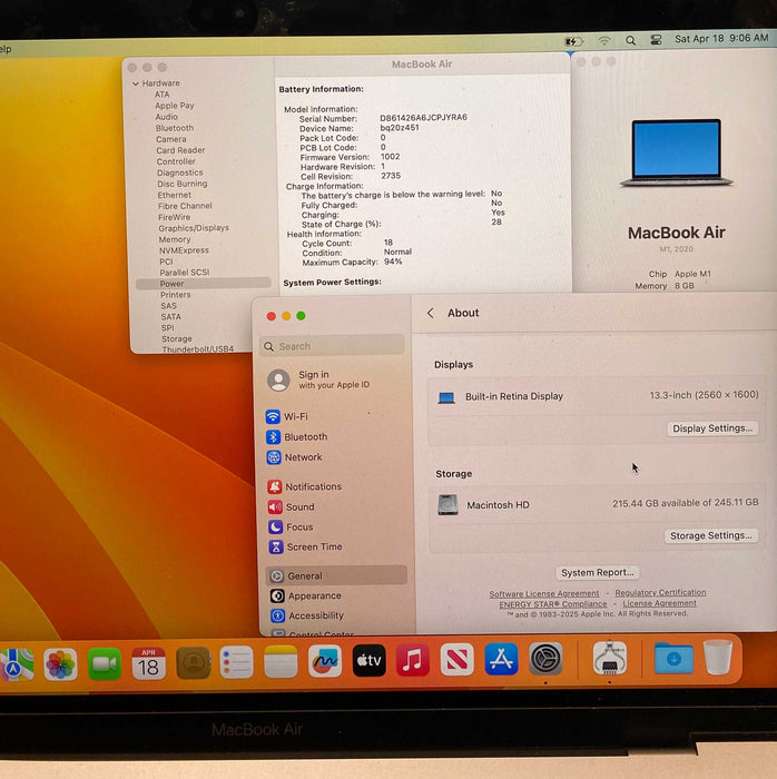 Apple  MacBook Air 13" 2020 M1 8GB RAM 256GB SSD No Power Adapter
