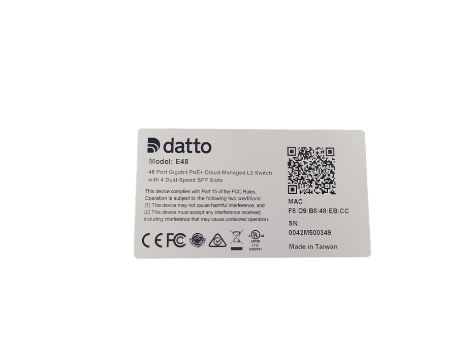Datto E48 48-Port Gigabit PoE+ Cloud Managed L2 Switch with 4 Dual-Speed SFP !