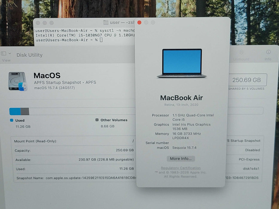 Apple Macbook Air 2020 13" 4-Core i5-1030NG7 @ 1.1GHz 16GB DDR4 250GB SSD (