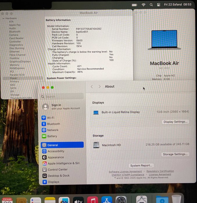 Apple MacBook Air 13 M2 2022 Space Gray 8GB 256SSD No Power Adapter READ!