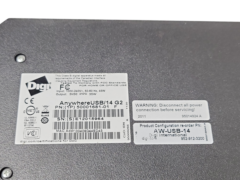 Digi AnywhereUSB/14 G2 50001681-01 AW-USB-14 w/ Rack mount ears _
