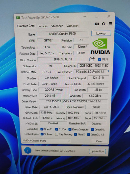 NVIDIA QUADRO P600 2GB PCIE !