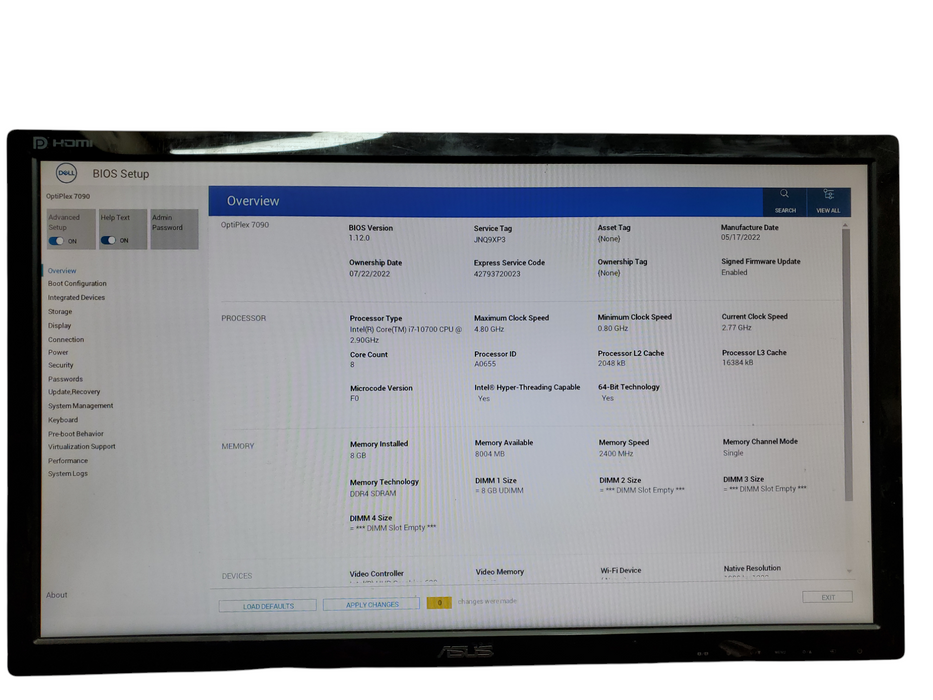Dell OptiPlex 7090, i7-10700@2.90GHz, 8GB DDR4, 256GB NVMe, No OS