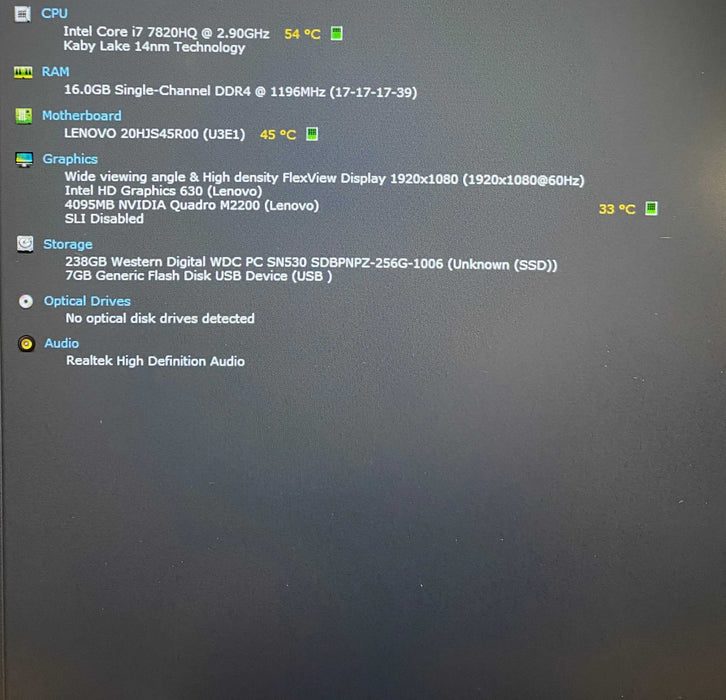 Lenovo ThinkPad P51 i7-7820HQ@2.90GHz QUADRO M2200 4GB GPU 16GB RAM 256SSD  Lap200