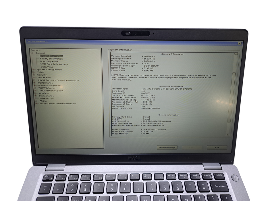 Dell Latitude 5410 | Intel Core i5-10310U @1.70GHz, 16GB DDR4, 256GB NVMe ) Lap200