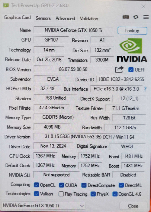 EVGA GeForce GTX 1050 Ti 4GB GDDR5 Graphics Card (04G-P4-6255-RX)