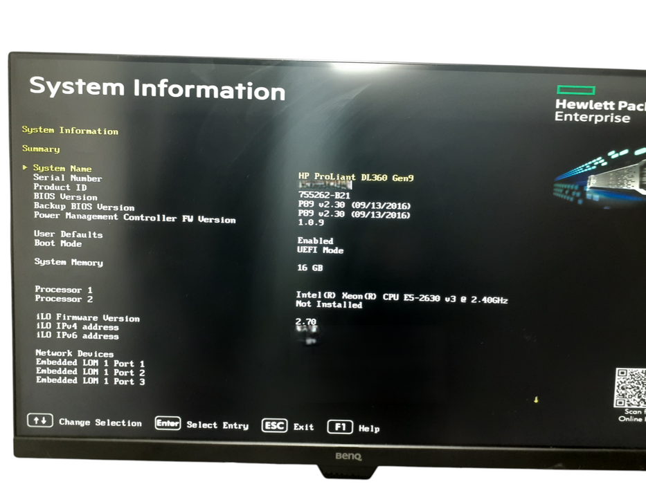 HP ProLiant DL360 Gen9 -1x Xeon E5-2630 v3 @ 2.40GHz, 16GBRAM, NO HDD, iLO