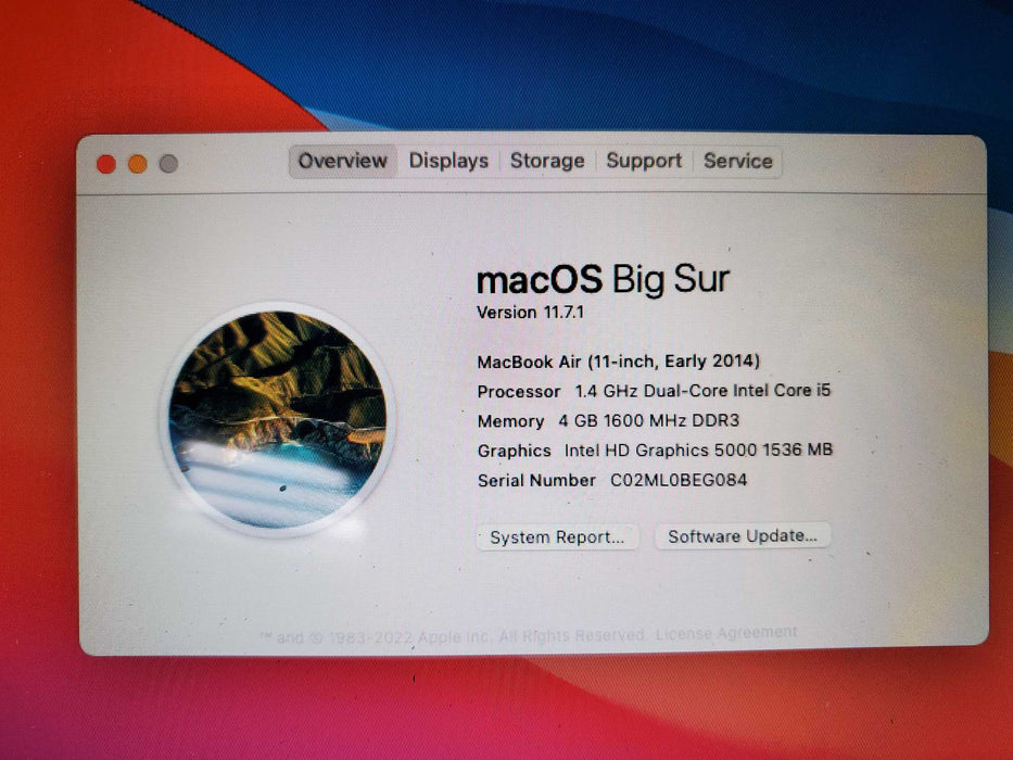 2014 Apple MacBook Air A1465 EMC 2631 - 256GB SSD, 4GB RAM, Intel i5