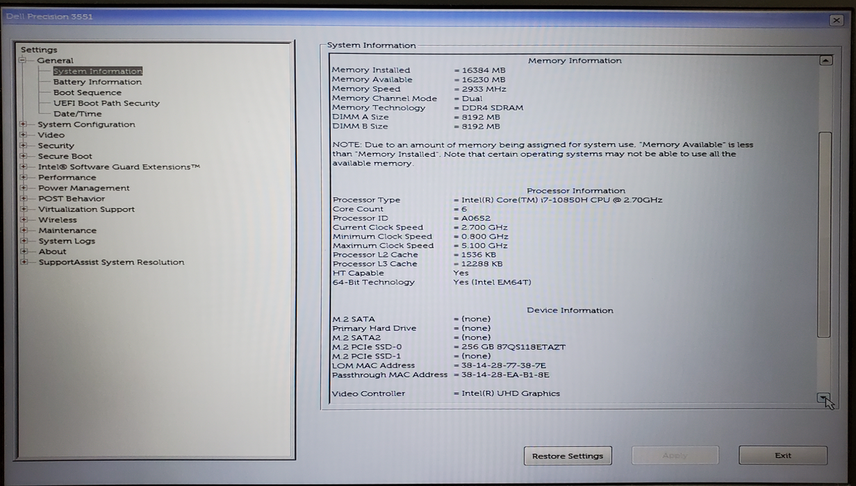 Dell Precision 3551, Core i7-10850H, 16GB DDR4, 256GB SSD  Lap200