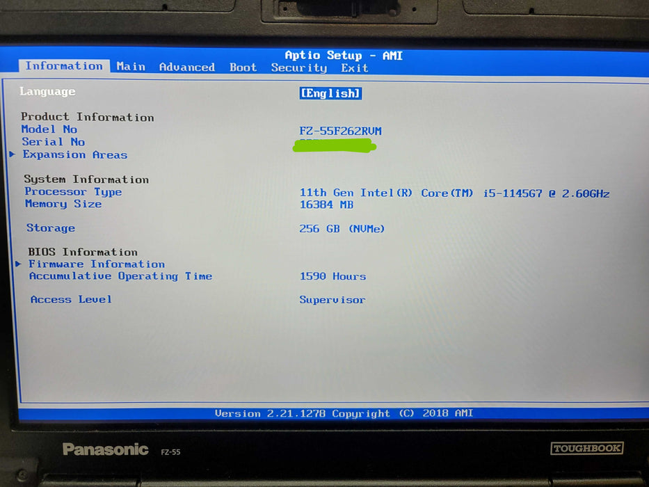 Panasonic ToughBook FZ-55 i5-1145G7  16GB DDR4 256GB SSD 1590 Hrs  β Lap200