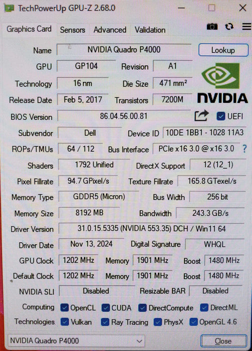 NVIDIA Quadro P4000 8GB GDDR5 Graphics Card