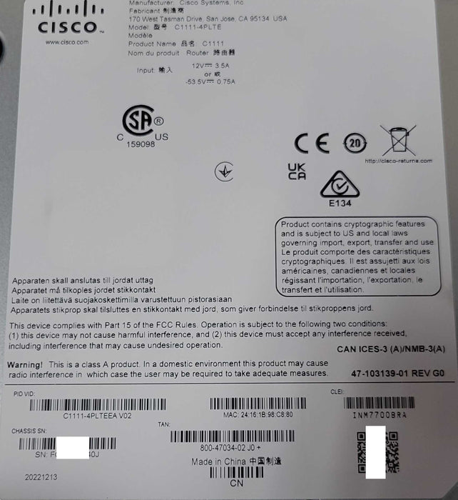 Open-Box CISCO C1111-4PLTEEA ISR 1100 Series 4-port GE Router LTE Route _