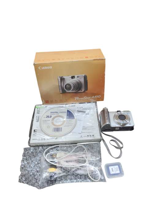 Canon PowerShot A610 Digital Camera In Box With Accessories, SD Cards & Pap