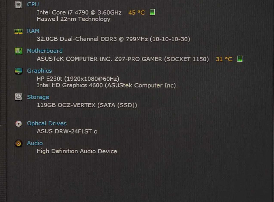 Custom PC/Asus Z97-Pro Gamer w/ Intel i7-4790 3.60GHz, 32GB RAM, 128GB SSD