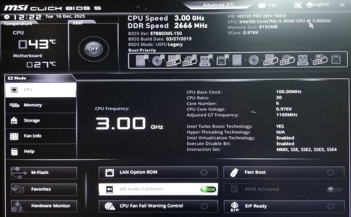 MSi H310i Pro MotherBoard w/ Core i5-8500 CPU 8GB RAM - No HDD