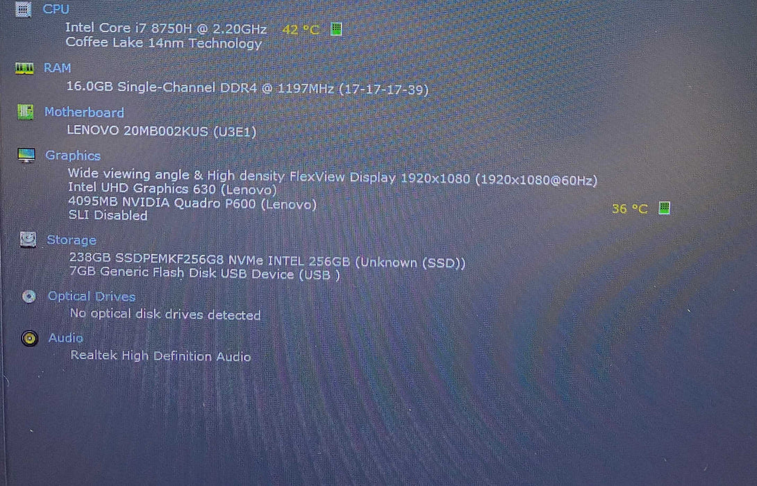 Lenovo ThinkPad P72 i7-8750H QUADRO P600 4GB GPU 16GB RAM 256GB SSD Q Lap200