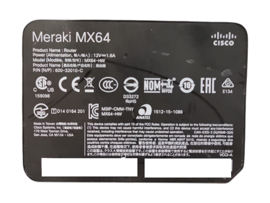 Cisco Meraki MX64-HW Cloud Managed Router Security Firewall, UNCLAIME