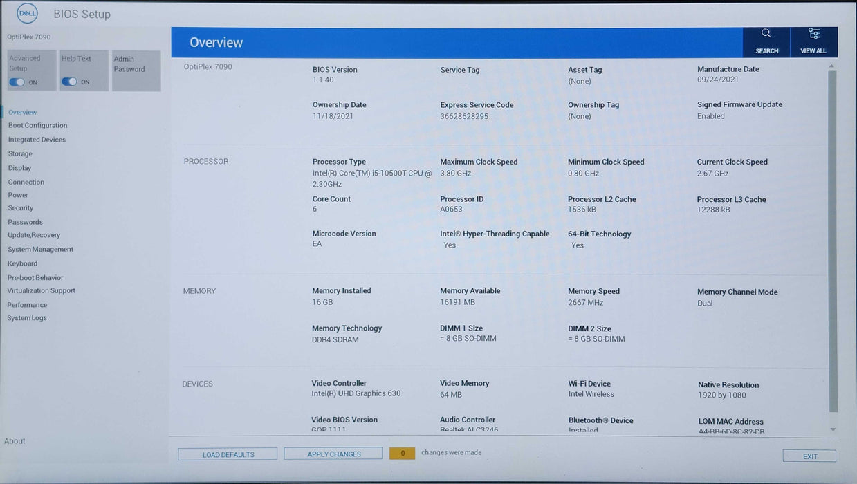 Dell Optiplex 7090 Micro, i5-10500T 2.30GHz, 16GB DDR4, 256GB NVMe, WiFi Q