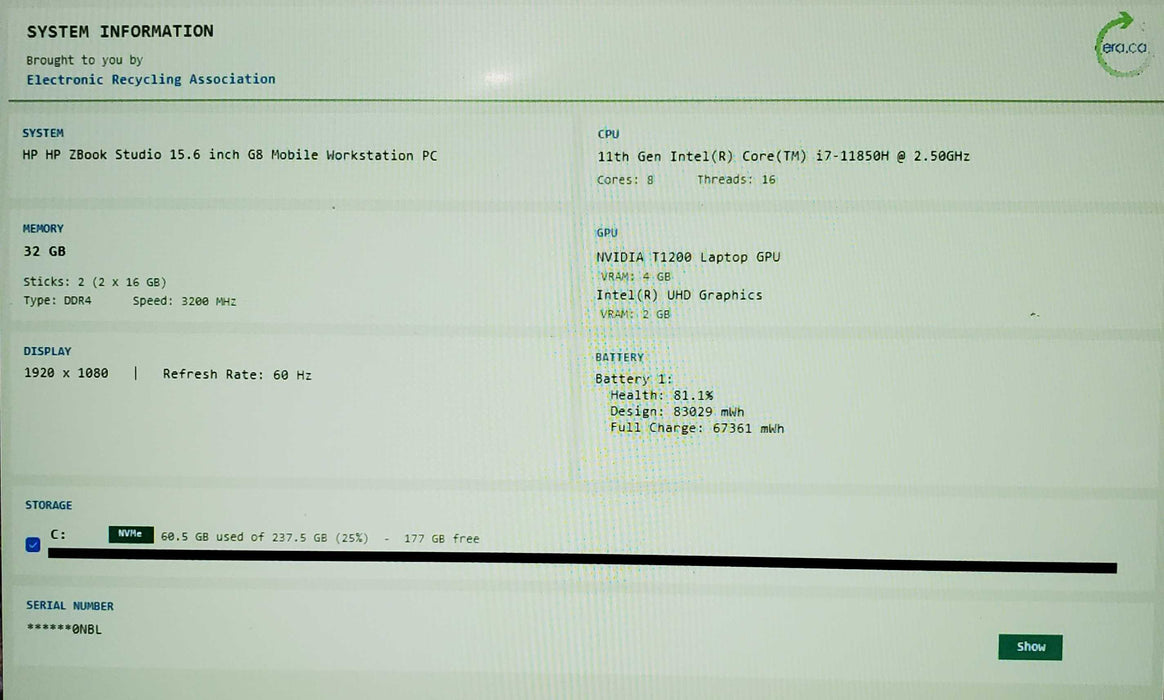 HP ZBook Studio 15 G8 i7-11850H 2.50GHz 32GB 256GB SSD QUADRO T1200 READ  Lap200