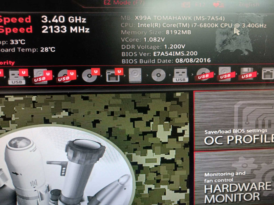 MSI X99 Tomahawk Motherboard & Intel i7-6800K CPU 8GB DDR4 RAM