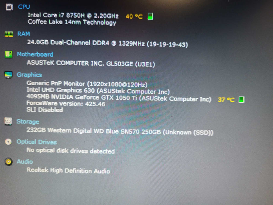 Asus Strix GL503 i7-8750H @ 2.2GHz 24GB DDR4 256GB NVMe GTX 1050Ti  $ Lap200