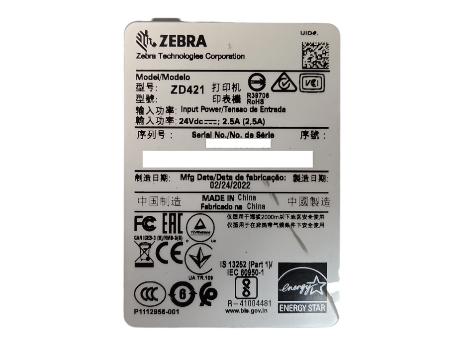 Zebra ZD421 Direct Thermal Label Printer, P/N: ZD4A042-D01M00EZ